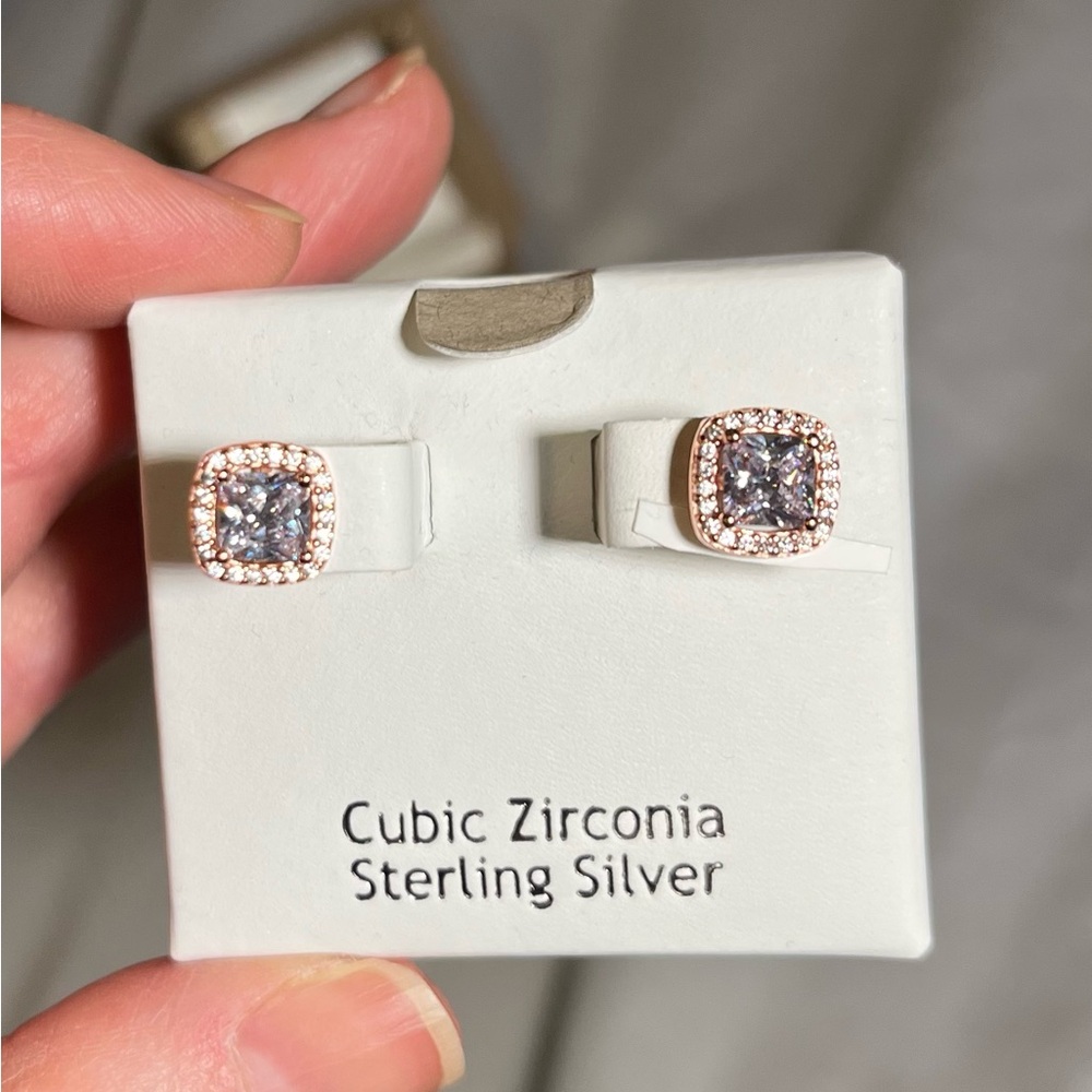 New without tags. Rose gold sterling silver cubic zirconia halo earrings.
